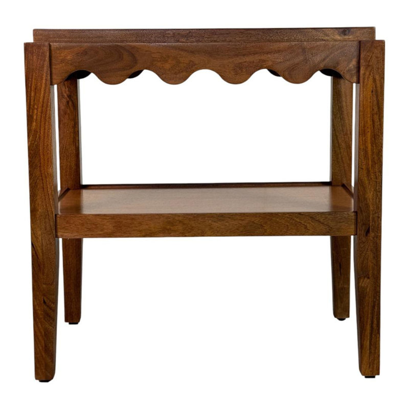 Elegant Brown 28" Rectangular Accent Table with Scalloped Edge and Two-Tier Storage, Brown
