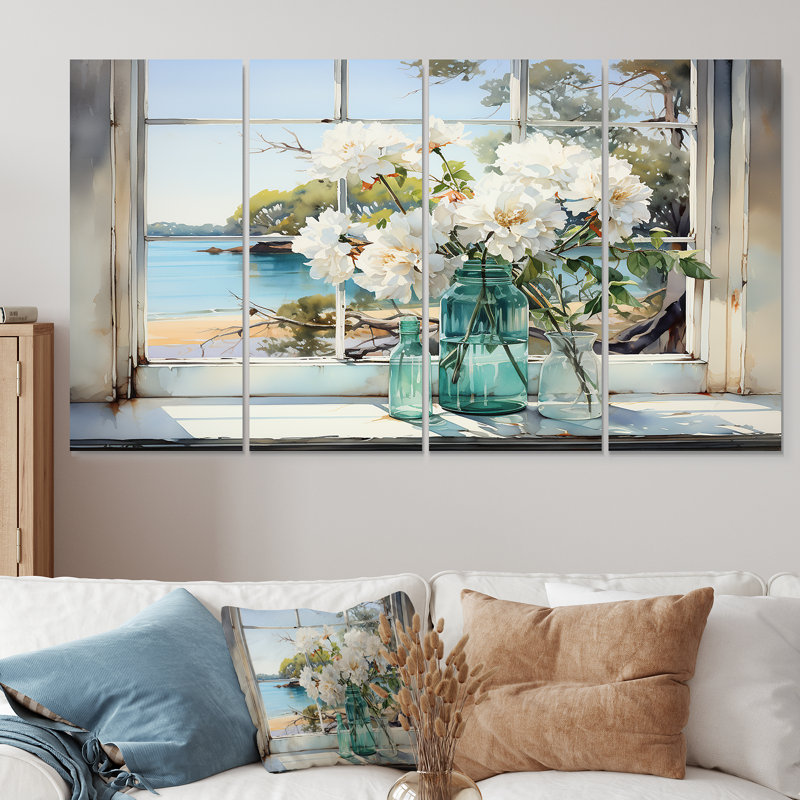 «Blue Window Beachfront View Blooms III - Coastal Window», art mural 4 pièces pour le salon, H 28 po x l 48 po