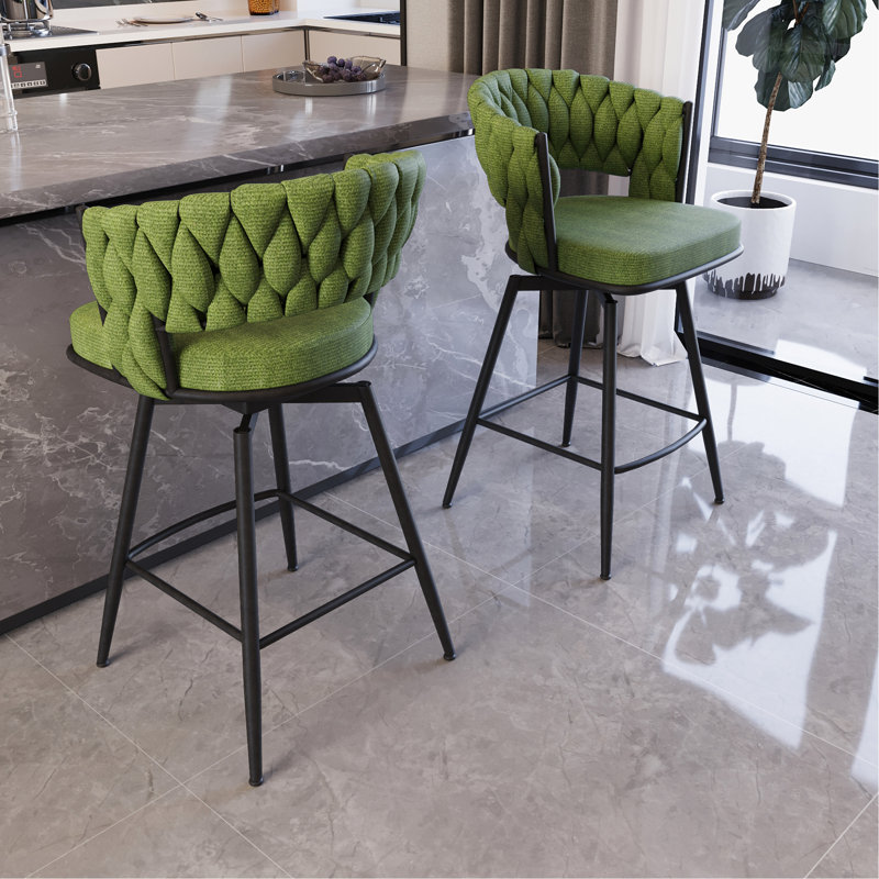 360 Swivel Linen Bar Stools Of 2 With Black Metal Base, , And Footrest For Bars, Taverns, Kitchen Islands Relax Woven Stool Legs, Back, Comfortable Seat Island, Cafe