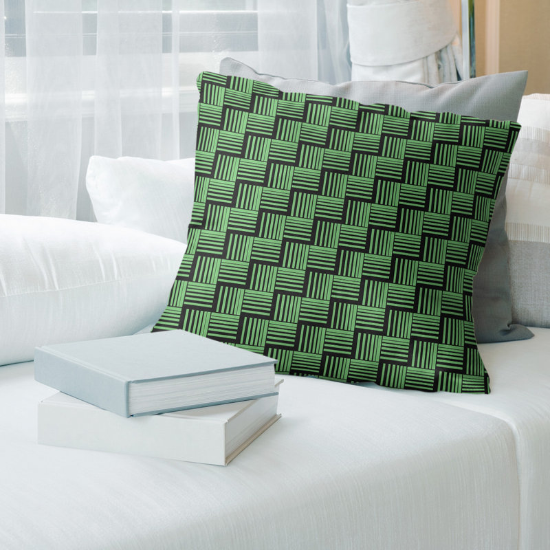 Rayures tressées contrastantes Coussin décoratif, 16 po x 16 po, Polyester / bourre de polyester, Vert foncé