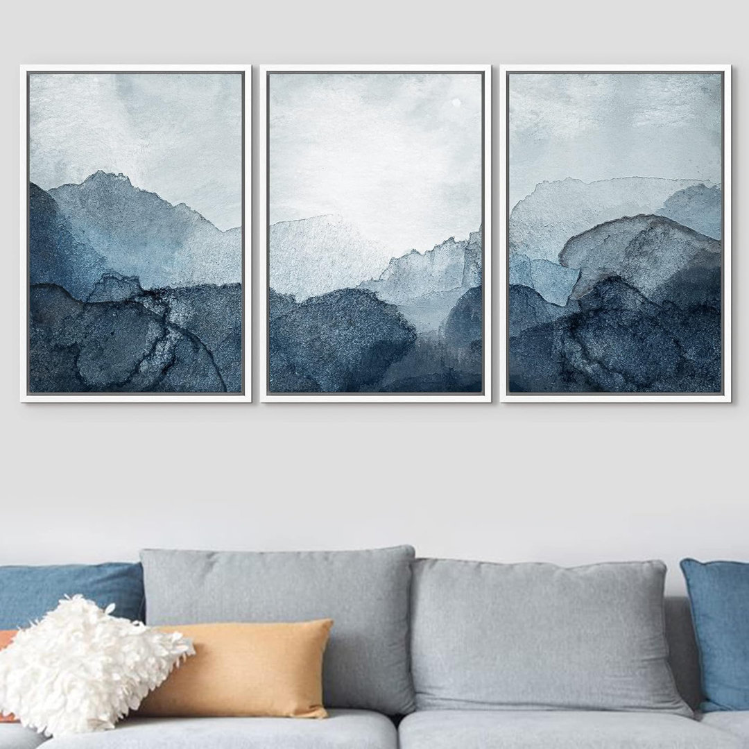 Minimalist Mountains " Navy Blue Dark Pastel Watercolor Landscape Shape Abstract Illustration Modern Art Minimal " 3 - Pieces wall26 Frame 