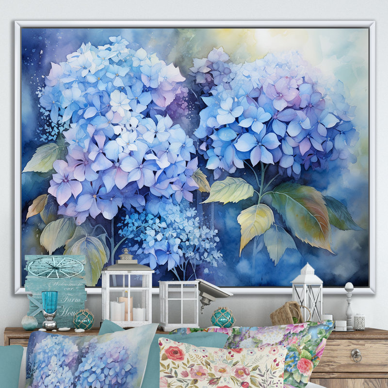«Blue Hydrangea Farmhouse Still Life I - Hydrangea», art mural, H 34 po x l 44 po x P 1,5 po, Cadre flottant blanc