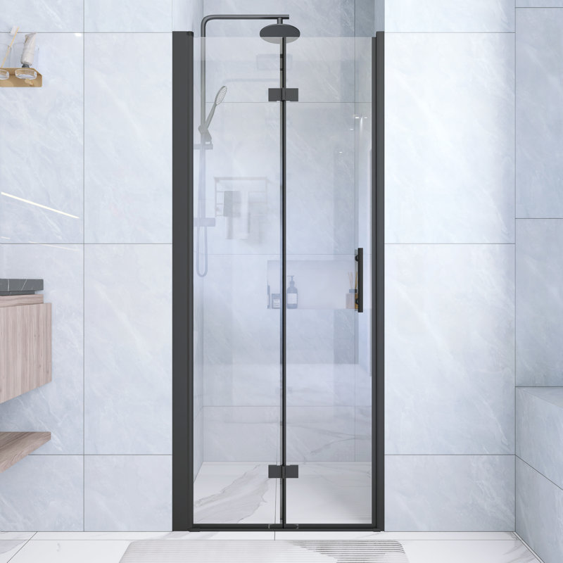 32 .In W X 72 .In H  Bifold Shower Door With 1/4 Inch Thick Tempered Glass  In Matte Black  | Aluminum Frame | Stainless Steel Handle | Explosion Proof Film