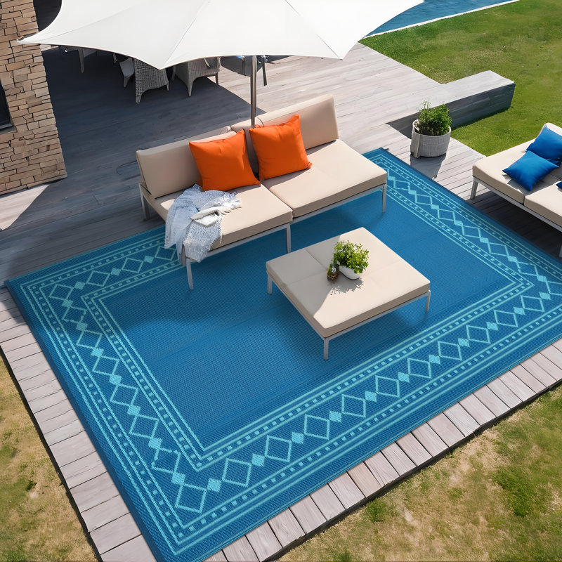 Grand tapis en plastique géométrique pour camping, porche, véhicule récréatif, réversible, imperméable, Teal, Runner 9' x 18'