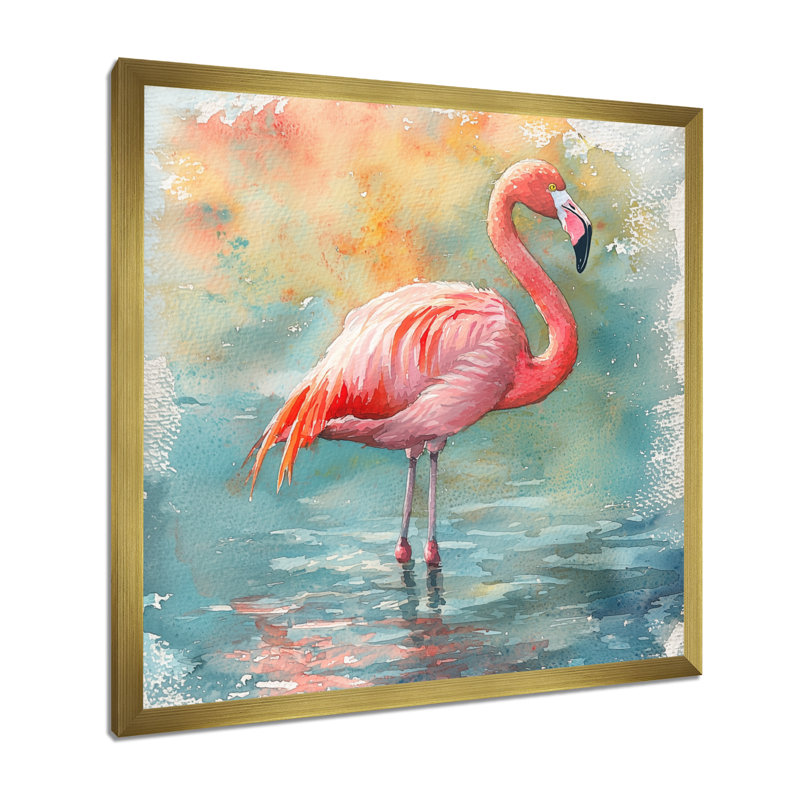 Chynthia Flamingo Grace - oiseau, art mural sur toile, H 36 po x l 36 po, Picture Framed, Doré