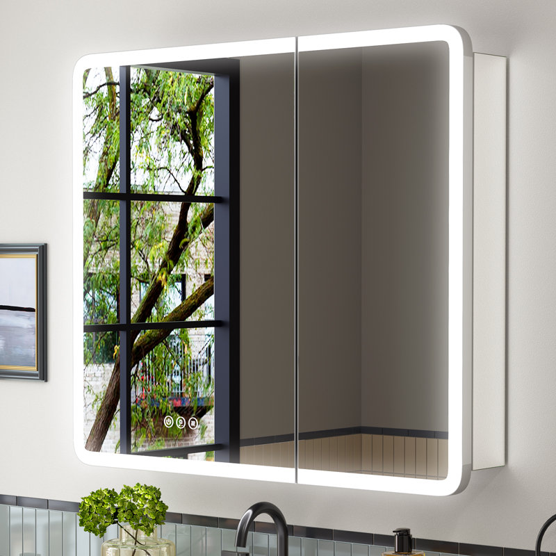 Medicine Cabinet with Lights, Round Corner, Recessed/Surface, Plug-in/Hardwired, Outlets+USB+Type-C,, 32"H x 30"W x 5.43"D