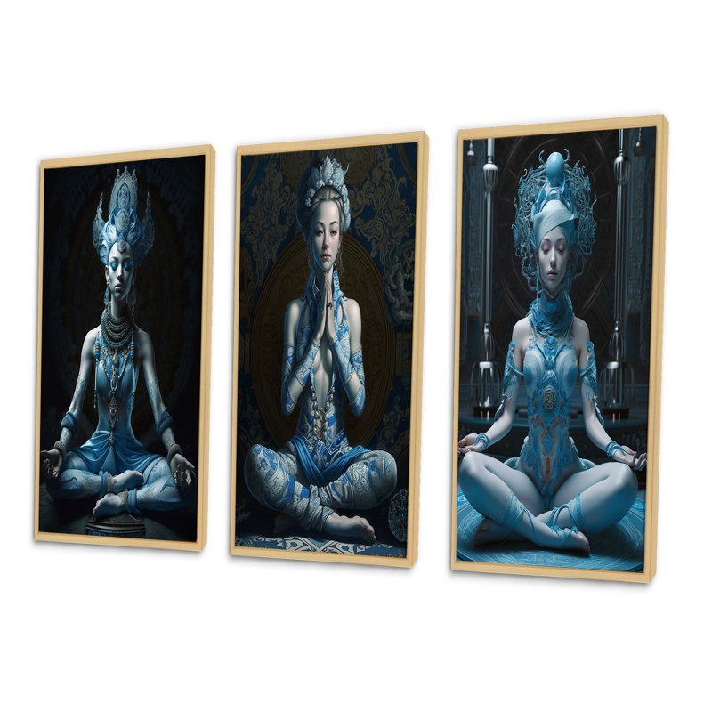 Blue Yogini Meditation Spiritual Grace - 3 pièces, Cadre naturel flottant, H 28 po x l 36 po