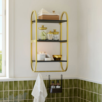 3-Tier Oval Metal Floating Wall Shelf with Towel Bar and 4 Movable Hooks, Wall Mounted Display Rack for Bathroom Kitchen Entryway Storage, Space-Saving Organizer for Towels Plants Books Decor
