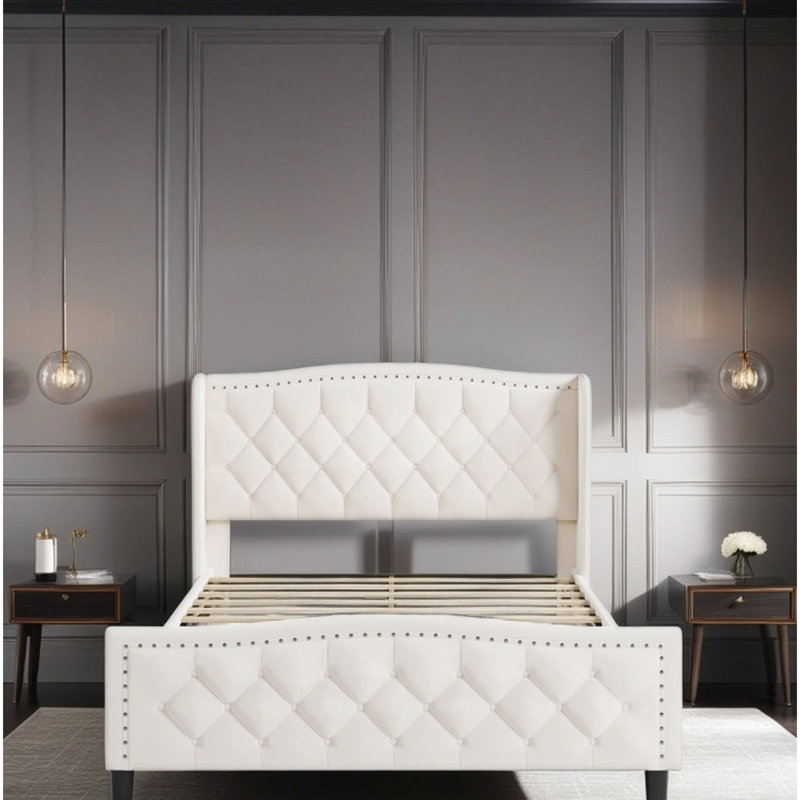 Structure de lit moderne en velours pour grand lit - plateforme rembourrée avec tête de lit à oreilles tendance, silencieux, sans sommier, flux d'assemblage simple