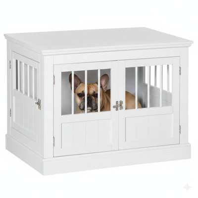 Small Dog Crate End Table in White, Features Three Doors, Wooden Construction with Steel Tubes – Furniture-Style Indoor Kennel