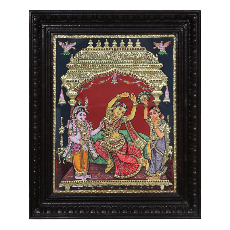 Danse, art de Radha Krishna Tanjore | Couleurs traditionnelles avec or 24 carats | Avec cadre