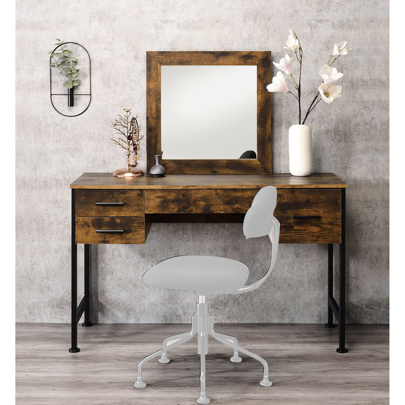 Meuble-lavabo à 4 tiroirs, conception en chêne rustique et en métal noir, miroir L 18 po x H 18 po, panneau de particules principal, rangement pour meuble-lavabo, métal, rangement pour les articles de maquillage