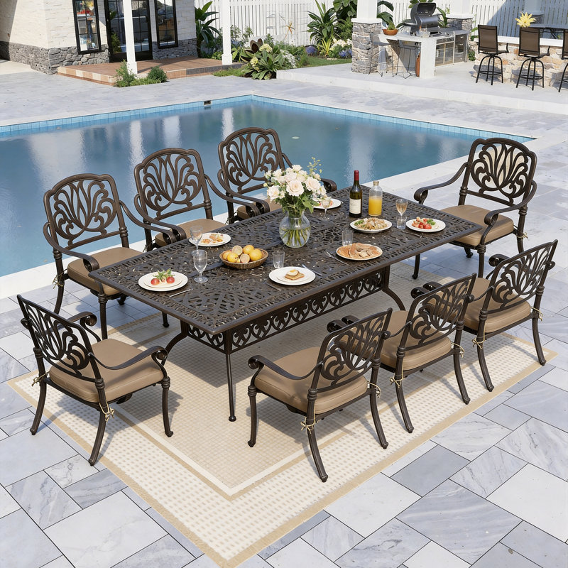 Afat 8 - Person Patio Dining Set with Rectangular Table , Cushions Included, Khaki