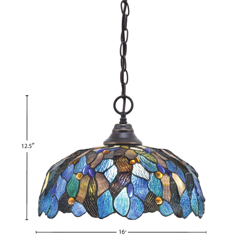 Chain Hung Pendant With 16" Blue Mosaic Art Glass, Dark Granite