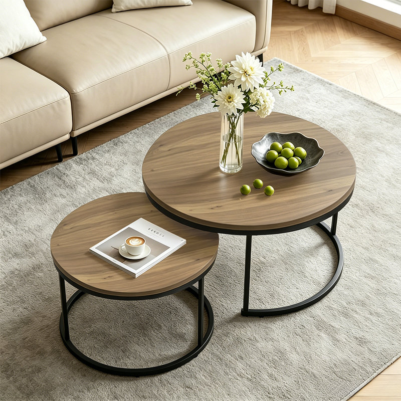 Table d'appoint 2 pièces ronde avec structure en métal et tables d'appoint en bois, Brun, Black