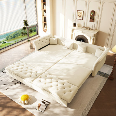 Canapé-lit escamotable surdimensionné de 100 po, canapé-lit convertible avec motif capitonné en tissu fait à la main, causeuse en velours multifonctionnel pour salon, chambre à coucher, appartement, beige / blanc
