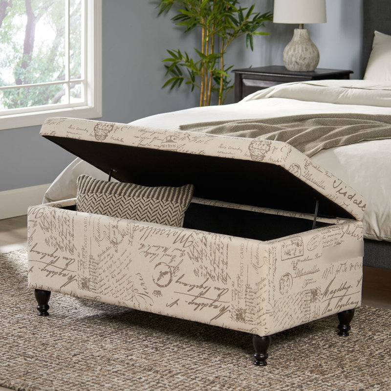 Banc de rangement beige, revêtement en lin, structure en bois, finition, design moderne avec housse, option décontractée et assise