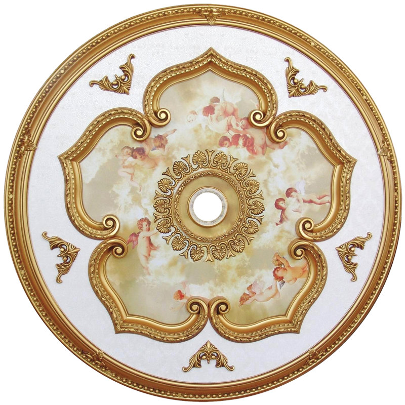 Angel Round Ceiling Medallion, Antique Gold