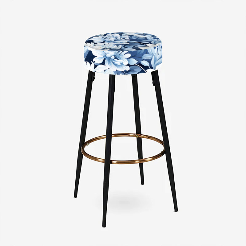Ensemble de 2 tabourets de bar en forme de pivoines bleues et blanches à motif de fleurs de damas