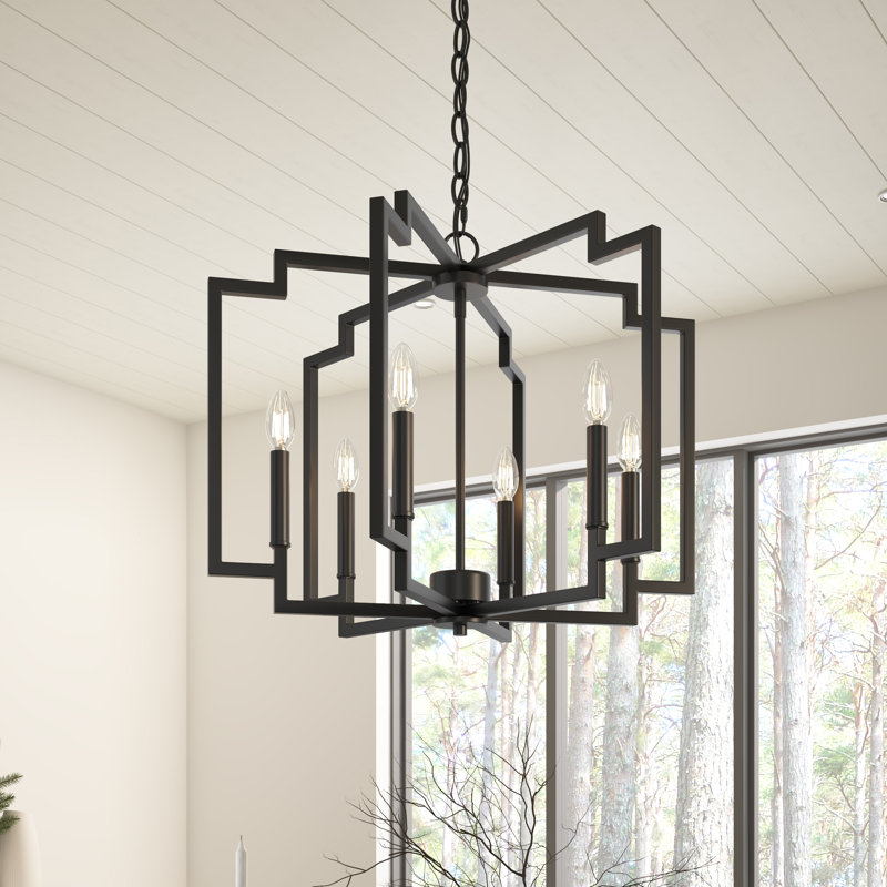 Lustre géométrique en fer noir 6 lumières E12, chaîne réglable à intensité variable de 60 po, homologué UL