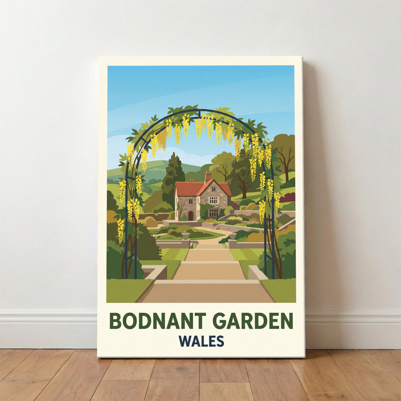 Bodnant Garden, Wales - Romantic Travel Poster Of Laburnum Arch, Terraced Lawns And Welsh Hills. Giclee Print On Wrapped Canvas. Wall Art, Home Decor - Parks & Gardens, Wales - Wrapped Canvas Print