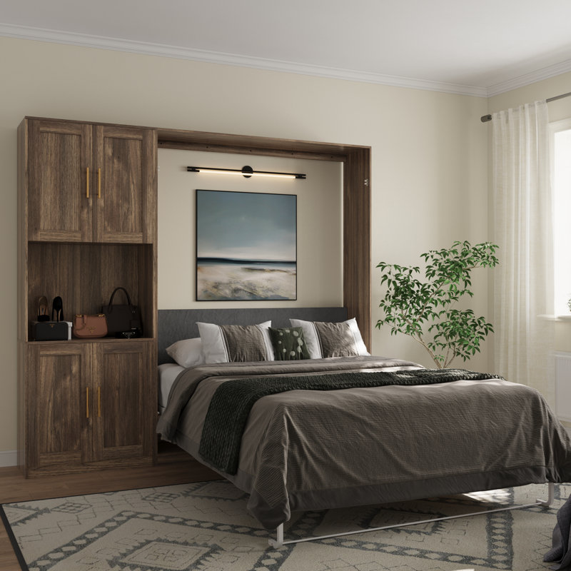 Grand lit escamotable de style campagnard avec 1 armoire de rangement, lit mural peu encombrant pour salle polyvalente, Brun