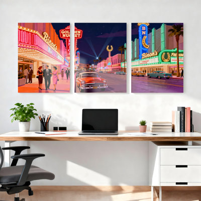 Vintage Las Vegas Neon Cityscape Canvas Wrapped Wall Art Oil Painting Print Set of 3