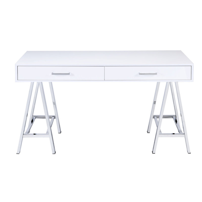 Bureau de travail blanc ultrabrillant avec finition et prise, Blanc