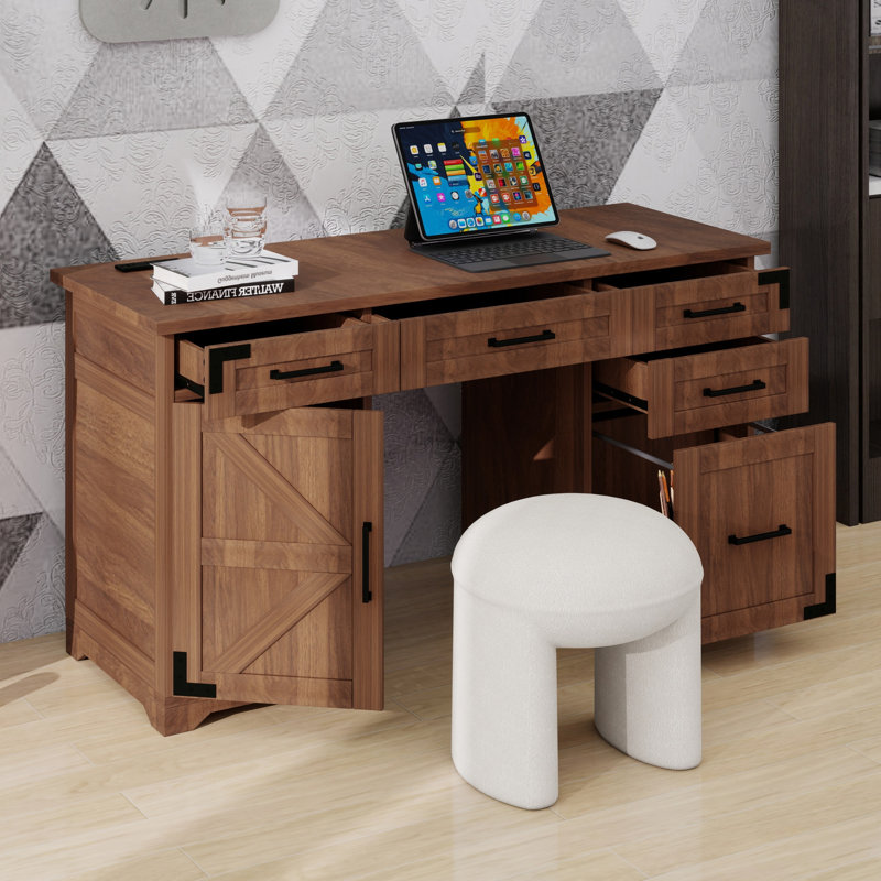Table d'écriture, prises de courant, tiroirs multiples et armoire de rangement Vintage Farmhouse, Walnut