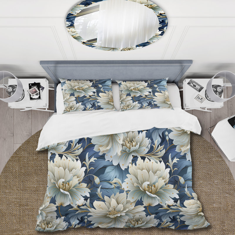 Ensemble de housse de couette à motif floral pivoines bleues et blanches I, Housse de couette pour très grand lit et 2 très