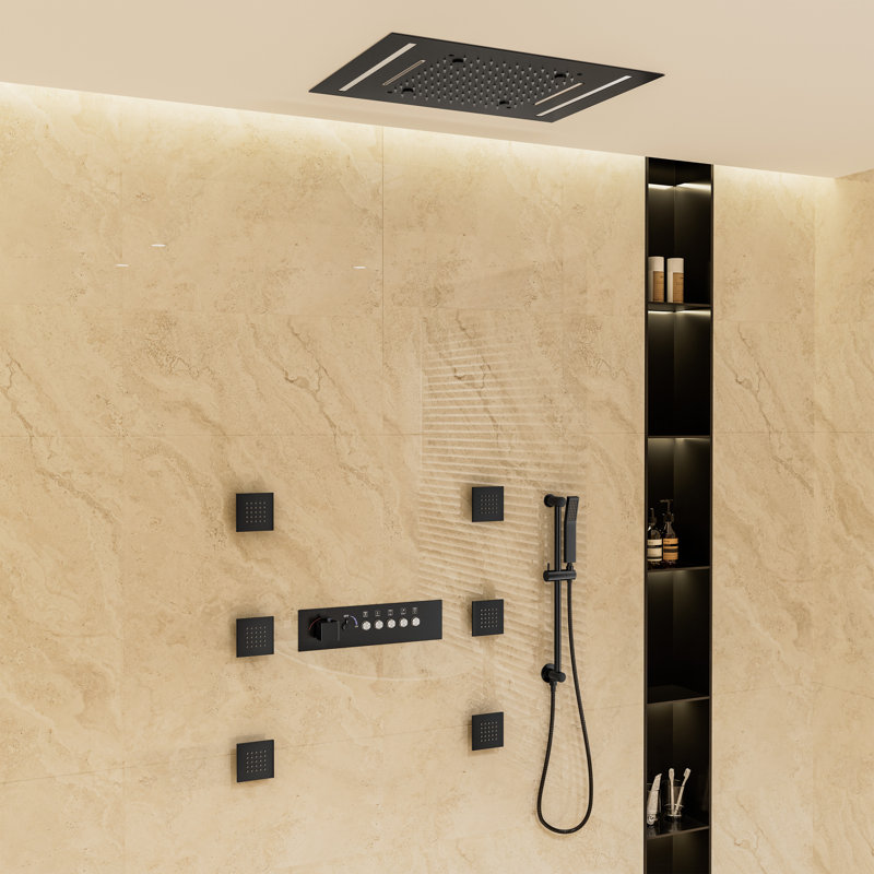 Thermostatic Flush Ceiling Mounted Complete Shower System With LED Lights, Body Jets And Slide Bar, Matte Black