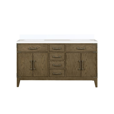 Grey Oak Double Vanity For Bath, 60 In. Wide, Pre - Drilled Smooth White Quartz Surface, Solid Wood Frame, Soft Close Drawers, Two Interior Cabinets, Storage Needs W X 22 D Bathroom With Polished And