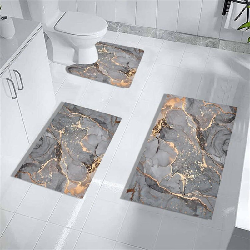 Grey Gold Marble Bathroom Mats Rugs Sets 3 Piece