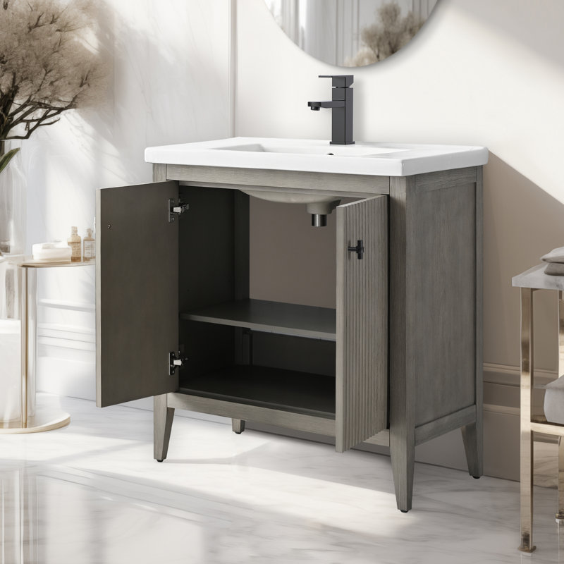 Laval 30" Single Sink Freestanding Bathroom Vanity with White Ceramic Top, Linear Driftwood Gray, Matte Black, 30"