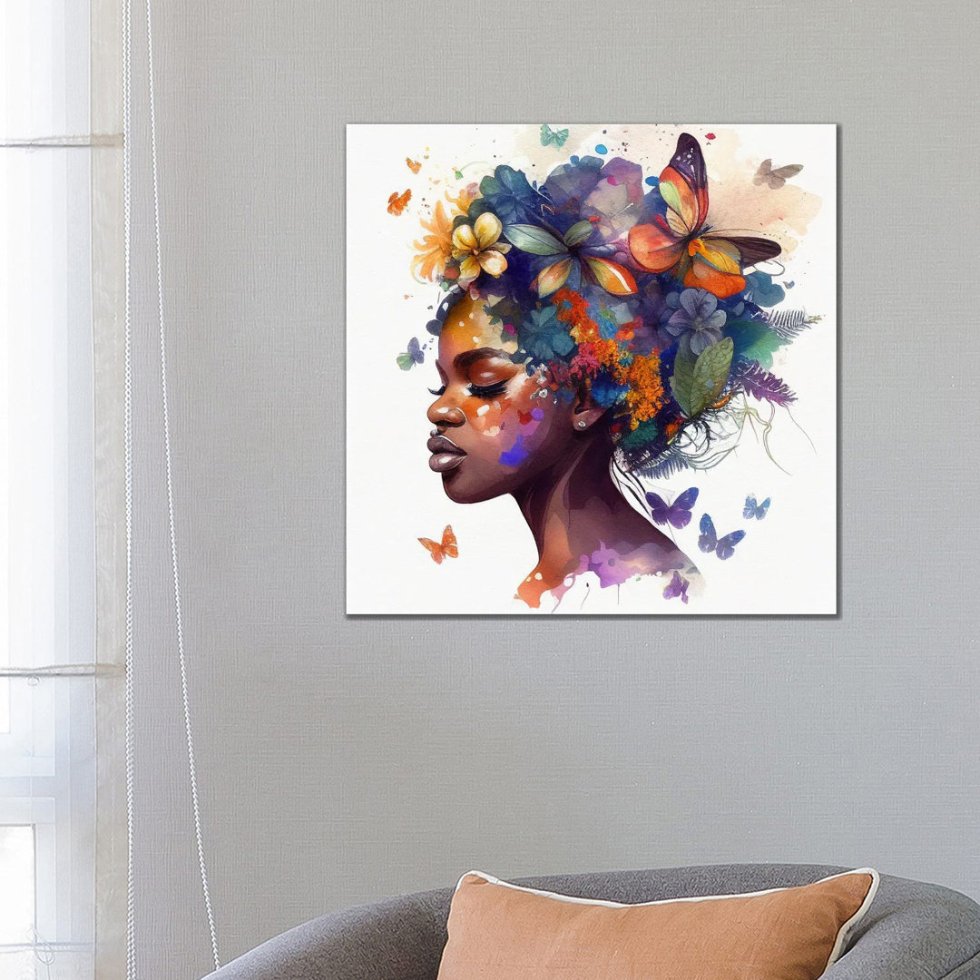 Aquarell Schmetterling Afrikanische Frau VII von Chromatic Fusion Studio - Galerie-verpackte Leinwand Giclée