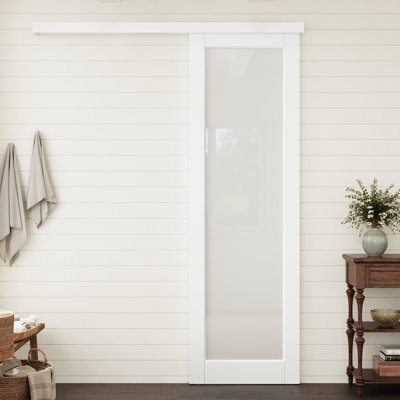 30"x96" White Prime Full Lite Frosted Glass Slab Door With Hiden Track Hardware Kit Suitable For Pantry, Bedroom