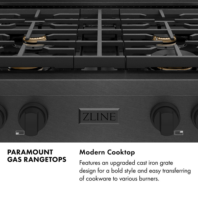 ZLINE 30 in. Paramount Gas Rangetop with 4 Brass Burners and Porcelain Cooktop in Black Satin Steel