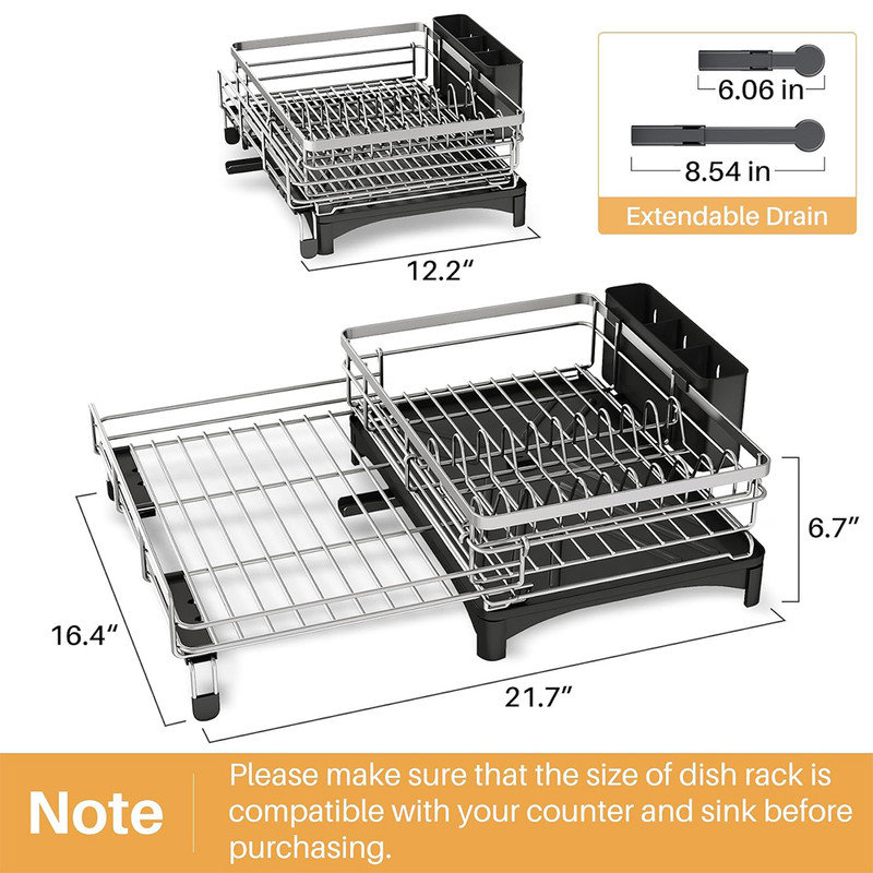 Large Silver Extendable Metal Dish Drying Rack with Utensil Holder