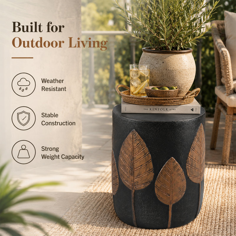 18.5" Boho Outdoor Lightweight Concrete Side Table Copper Leaf Pattern Cylinder Patio End Table Balcony Accent Furniture