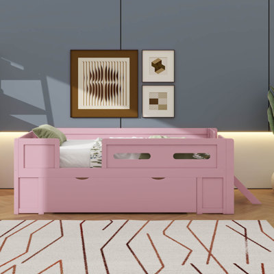 Lit plateforme simple avec barrière de sécurité et tiroir, base de lit en bois pour enfants avec lattes de bois