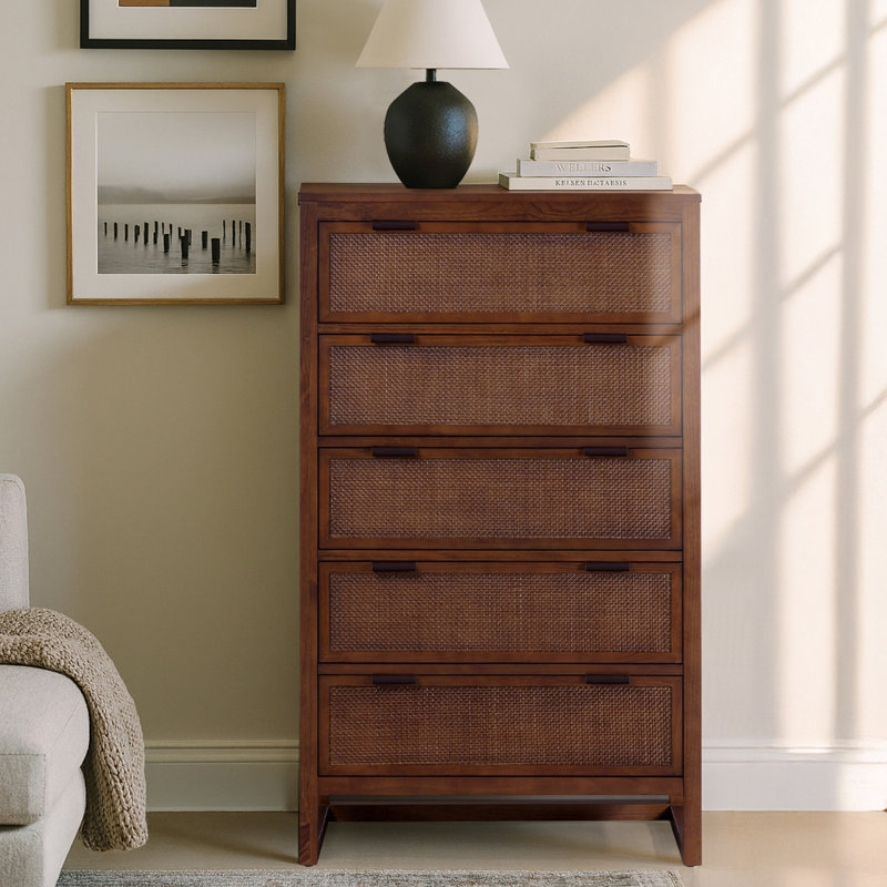 Solid Wood 77cm W 5 - Drawer Chest of Drawers, Walnut