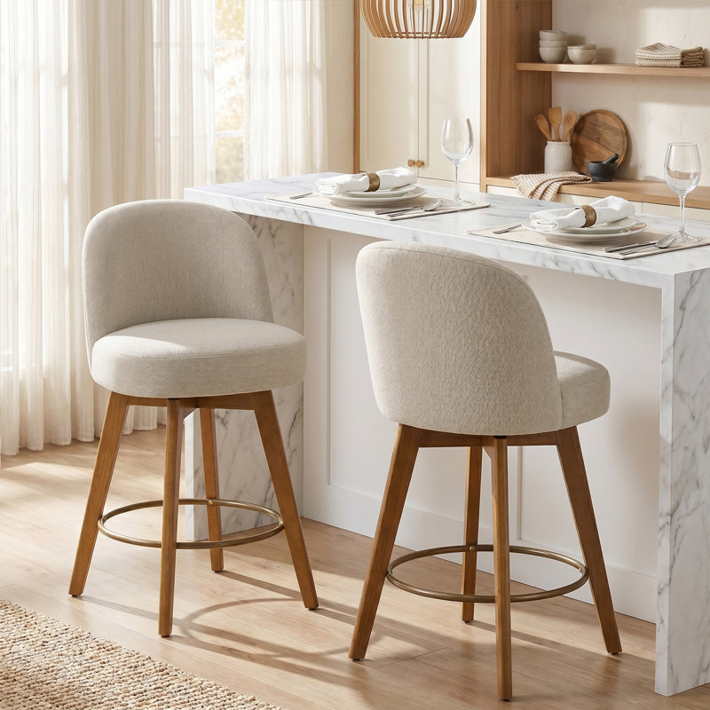 Tabouret de comptoir pivotant 26 po avec structure en bois massif et dossier moyen, Mélange sable / lin