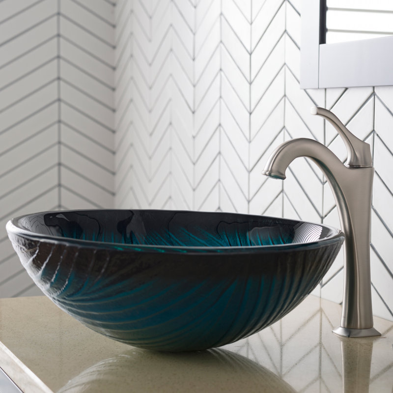 Nature Series Glass Circular Vessel Bathroom Sink with Faucet, Brushed Nickel