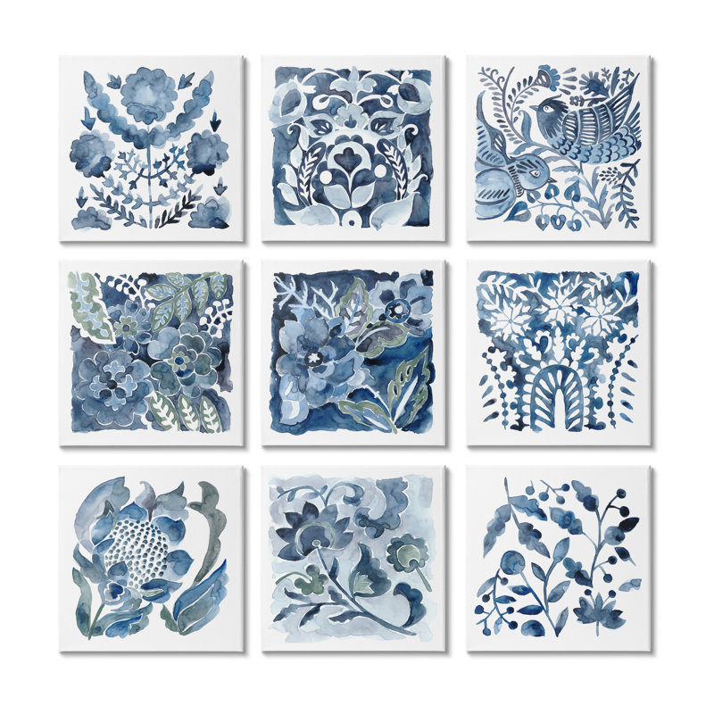 «Abstract Botanical Birds Flowers Layered Watercolor» par Chariklia Zarris, ensemble de 9 peintures sur toiles, Toile tendue