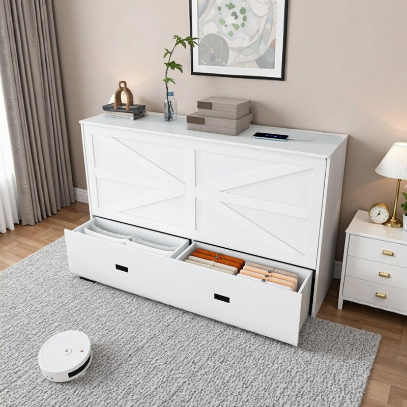 Armoire-lit escamotable blanche 57 po avec tiroirs de rangement et station de charge - lit mural pliable avec roulettes, peu encombrant