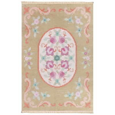Tan &  Floral Oval Medallion Area Rug