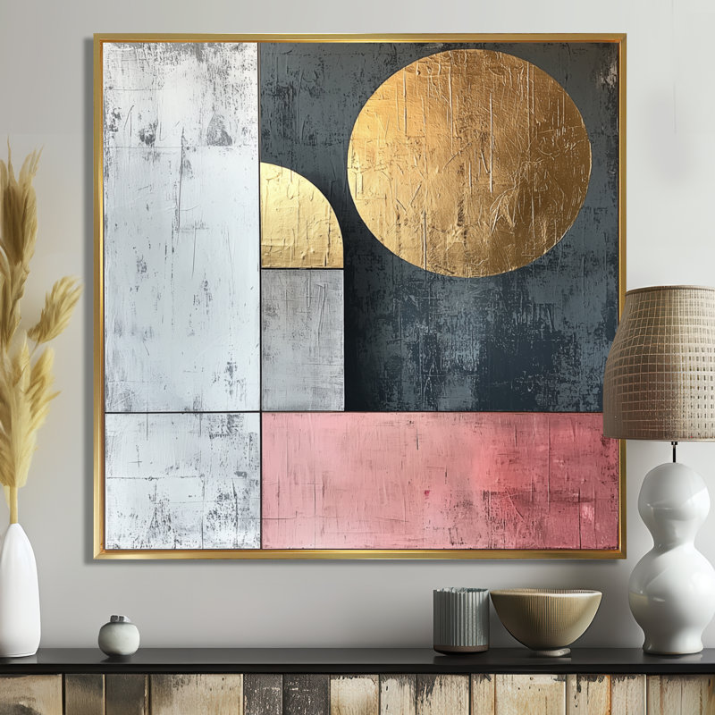 Motif géométrique abstrait géométrique doré rose et gris, Impression encadrée flottante, H 16 po x l 16 po, Doré