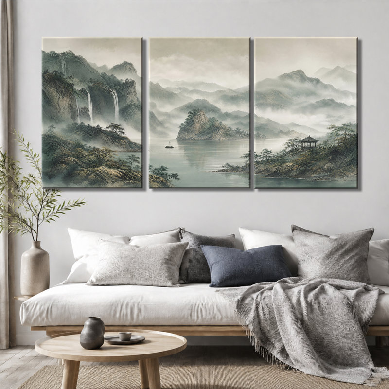 Toile, art mural, encre de Chine, lac de montagne brumeux, cascade, paysage traditionnel, décoration murale