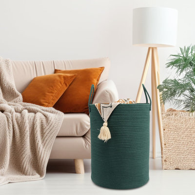 Panier à linge en corde de coton tissé - Panier de rangement pour corde à linge de 15 po x 20 po pour vêtements, jouets et couvertures parfaits pour la salle de bain, la chambre de bébé et le salon (vert foncé)