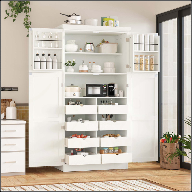 Armoire de cuisine autoportante avec 4 portes, 8 plateaux coulissants et une tablette réglable pour un rangement et une organisation améliorés